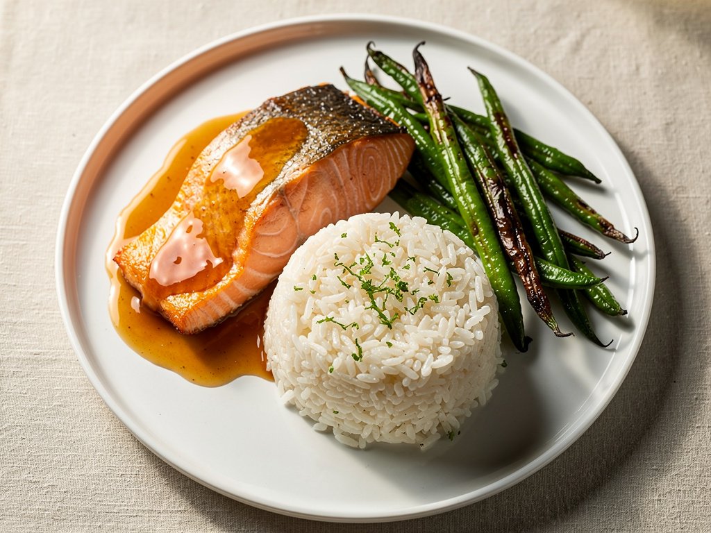 Miso Peach Glazed Salmon with Ginger-Lime Rice and Roasted Green Beans