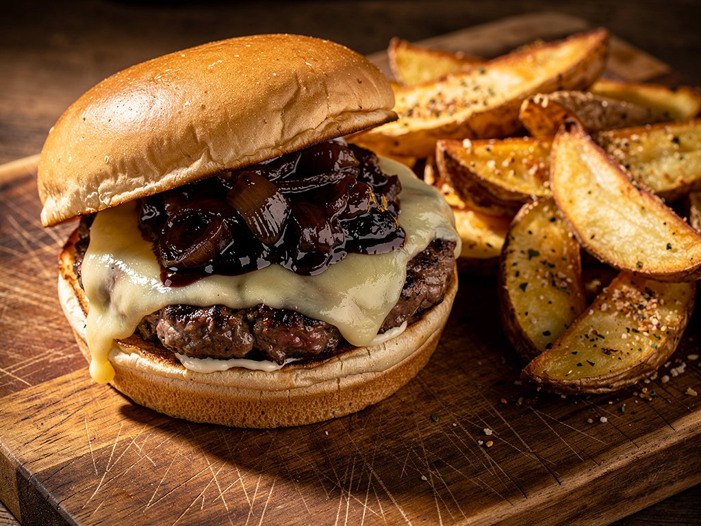 Monterey Jack Burger with Balsamic Onion Jam and Garlic Mayo