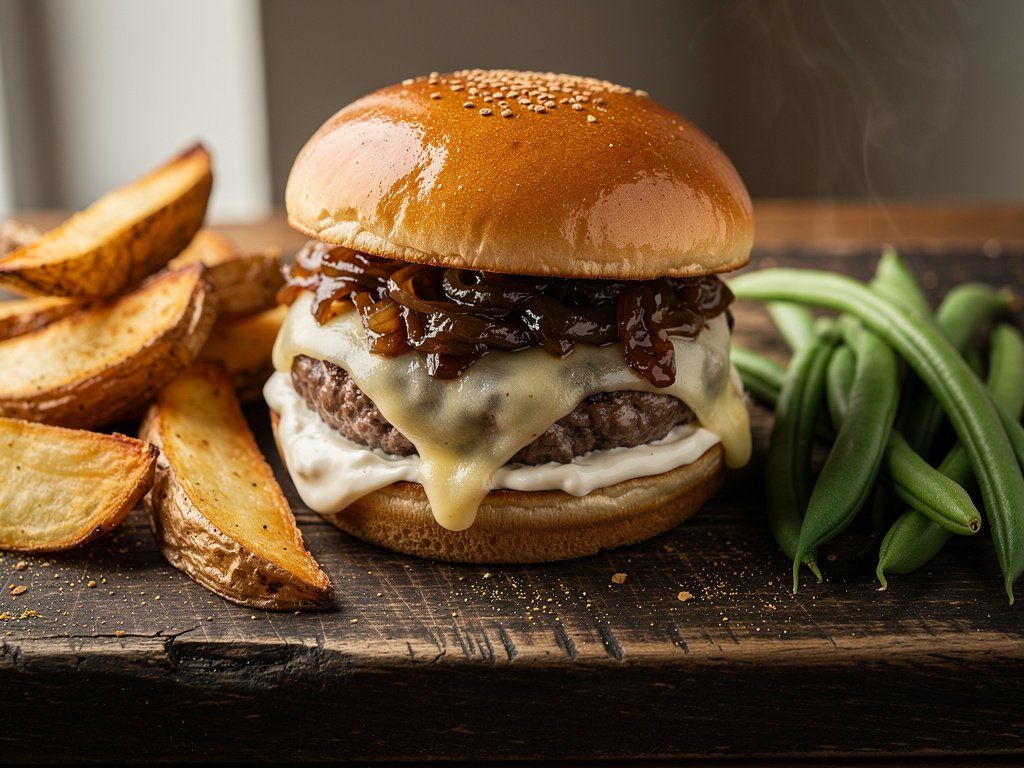 Monterey Jack Burgers with Balsamic Onion Jam and Garlic Mayo