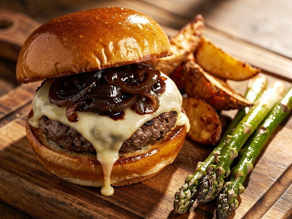 Juicy Monterey Jack Burgers with Balsamic Onion Jam and Oven Fries