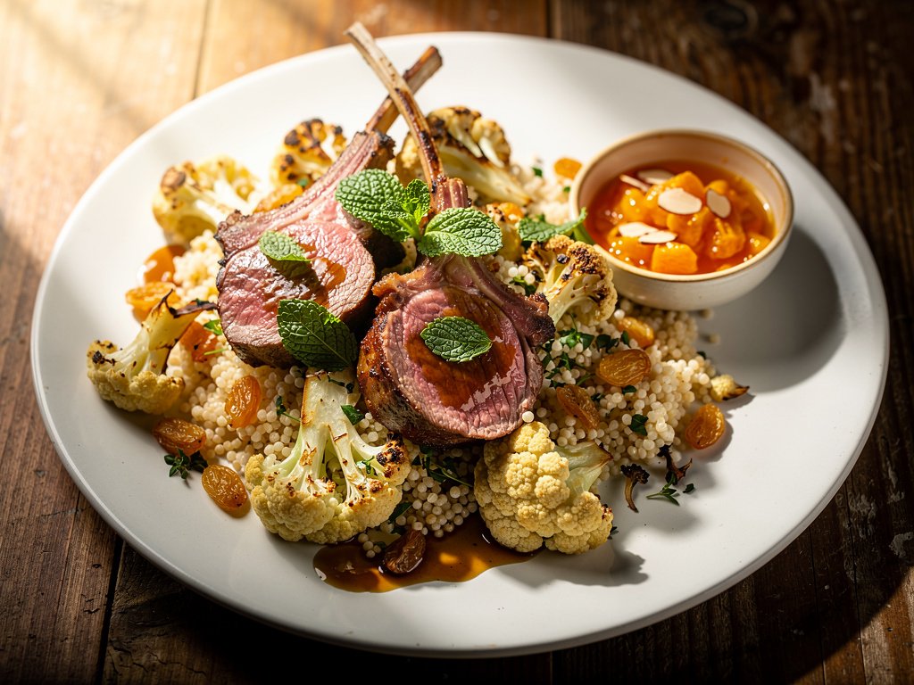 Moroccan Spiced Lamb Chops with Couscous and Orange Almond Relish