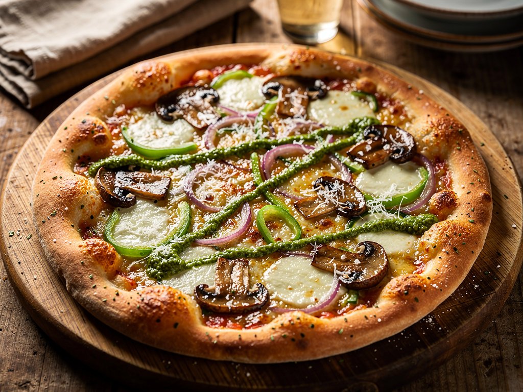 Mushroom, Bell Pepper & Onion Pizza with Garlic Butter Crust and Basil Drizzle