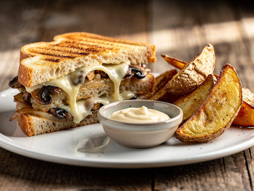 Crispy Mushroom Swiss Panini with Potato Wedges & Garlic Aioli