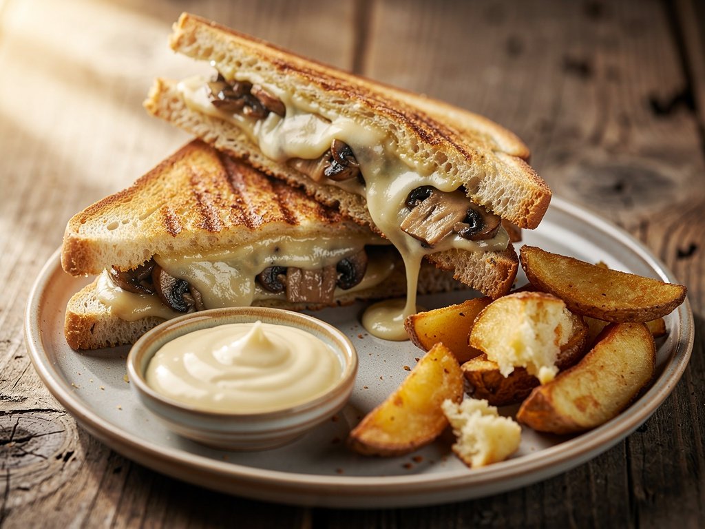 Mushroom Swiss Panini with Potato Wedges and Garlic Aioli