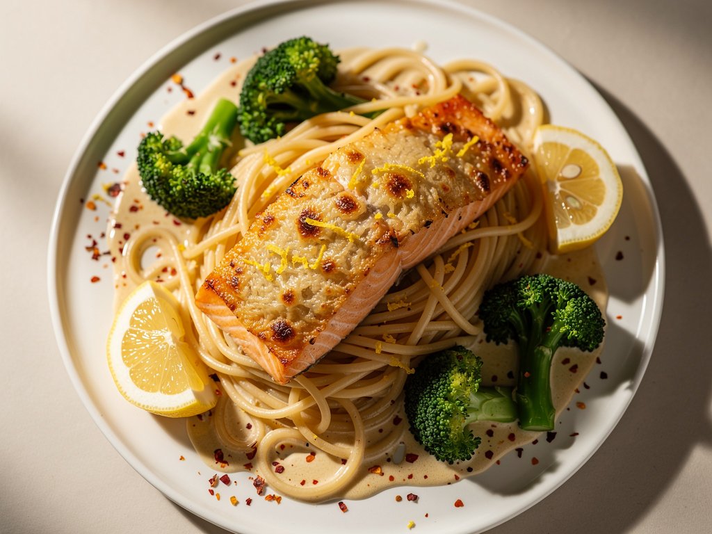 Mustard-Crusted Salmon with Creamy Lemon Broccoli Spaghetti