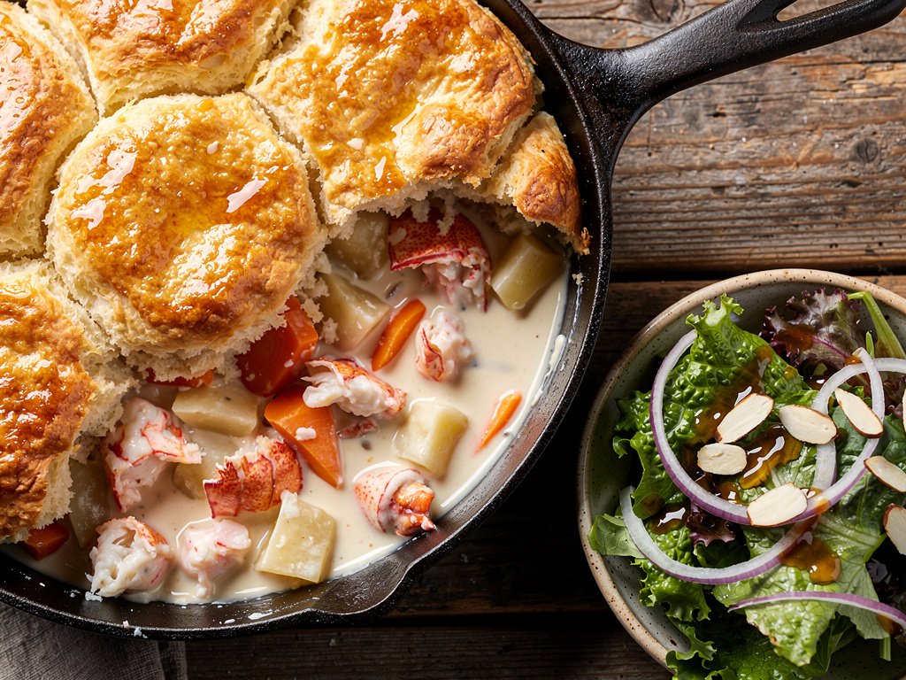 Old Bay Lobster Pot Pie with Buttermilk Biscuits and Honey-Dijon Salad