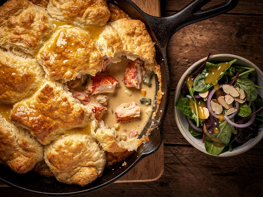 Old Bay Lobster Pot Pie with Buttermilk Biscuits and Honey-Dijon Salad
