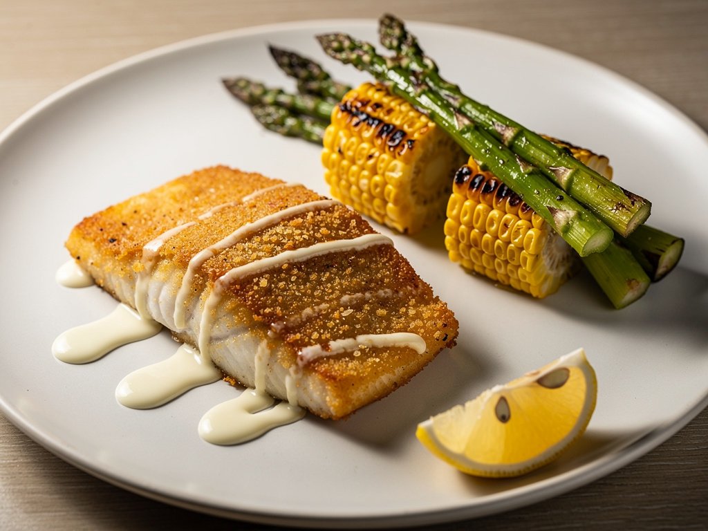 Old Bay Panko-Crusted Cobia with Corn on the Cob and Roasted Asparagus