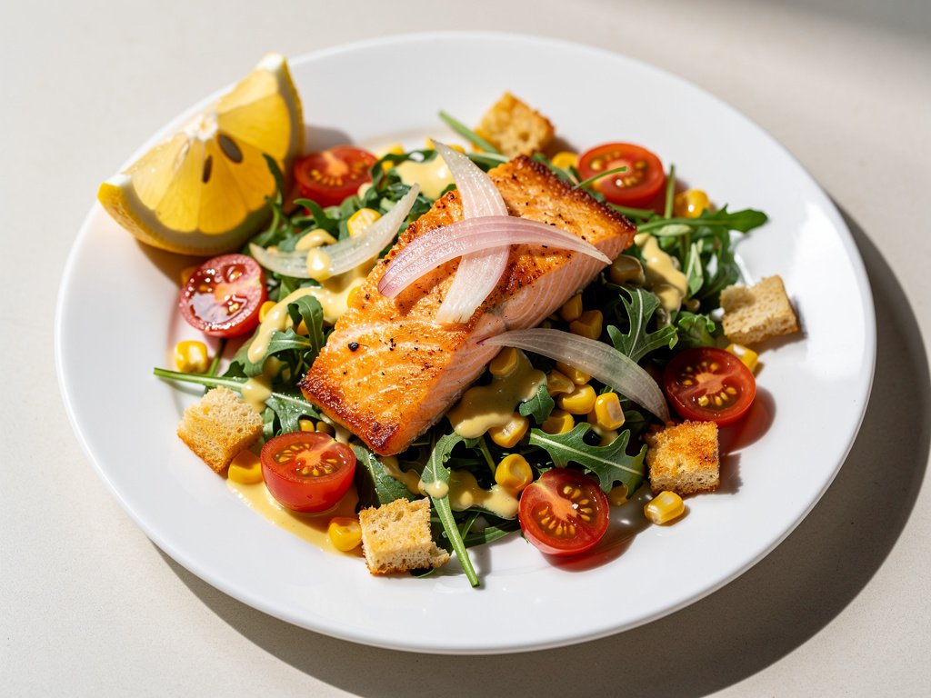 Old Bay Salmon and Arugula Salad with Creamy Lemon Dressing