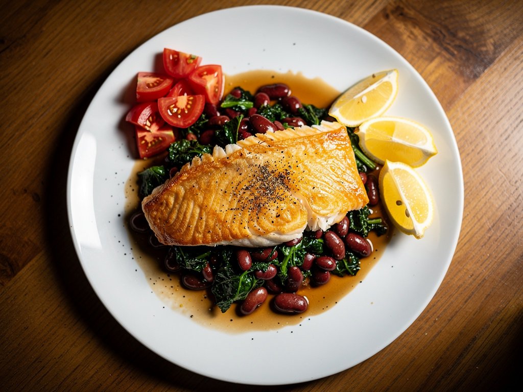 Flaky Fish with Tomato, Red Beans & Kale in One Pan