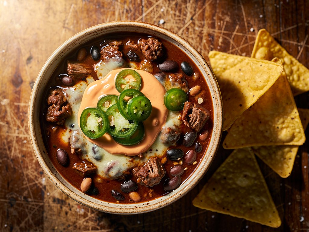 Hearty One-Pot Beef and Black Bean Chili with Hot Sauce Crema