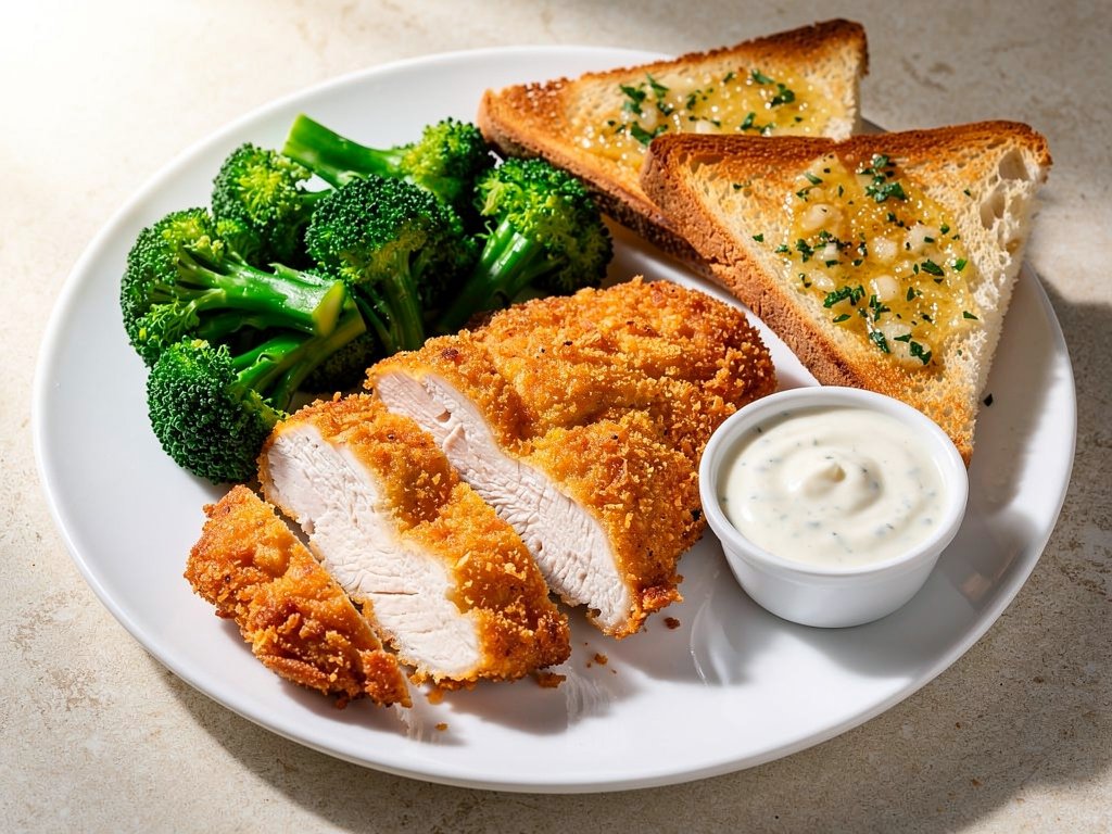 Oven-Baked Parmesan Panko Chicken with Broccoli and Garlic Bread