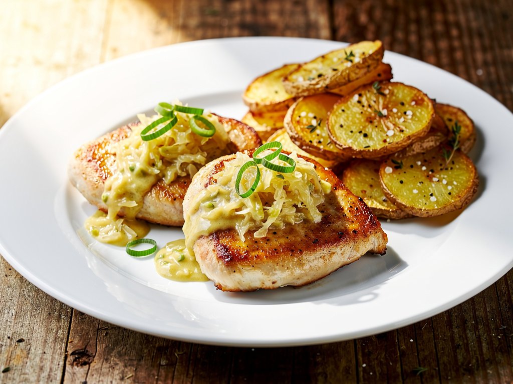 Pan-Seared Chicken with Creamy Dijon-Sauerkraut Sauce and Thyme-Roasted Potatoes