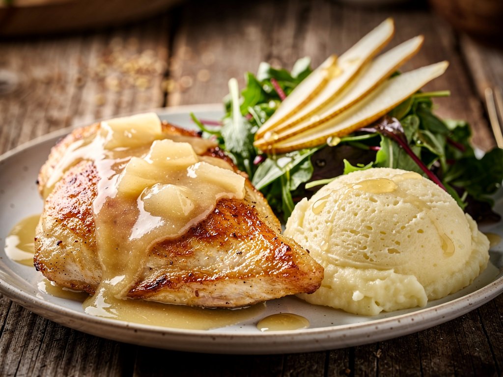 Pan-Seared Chicken with Pear Cream Sauce and Garlic Mashed Potatoes