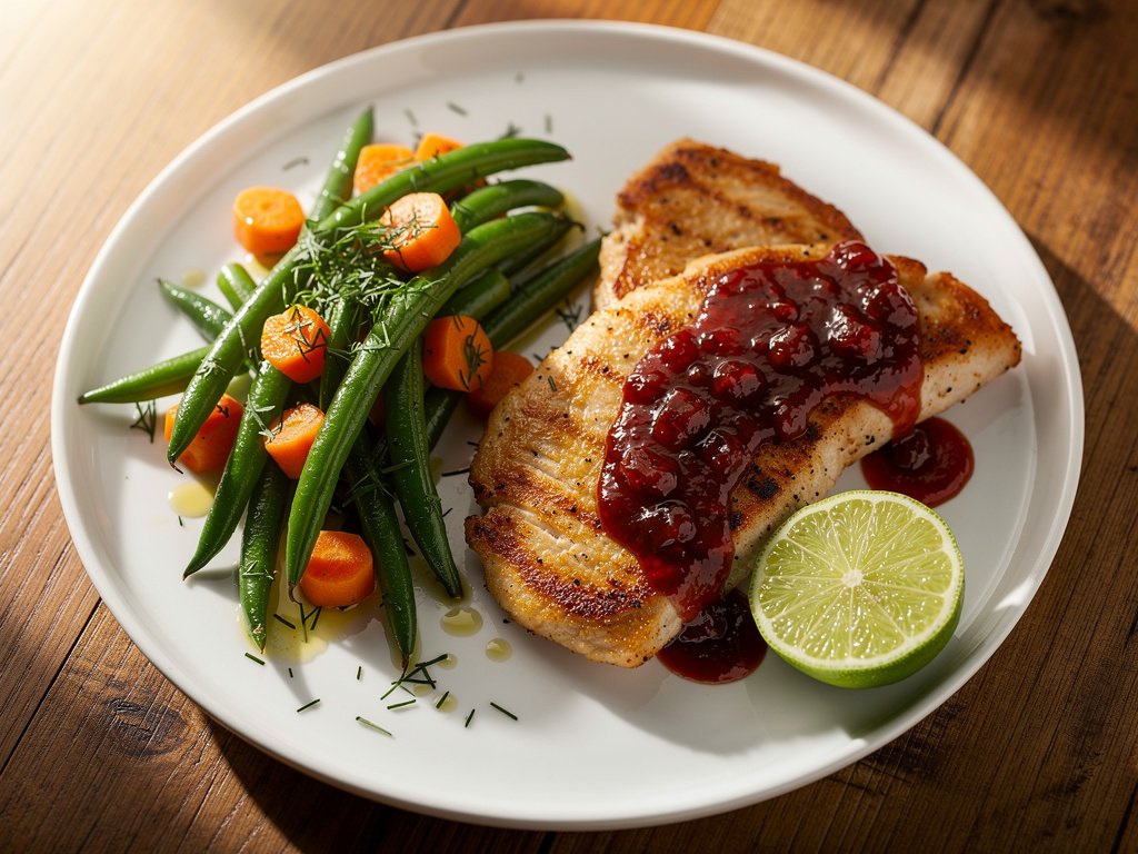 Pan-Seared Chicken with Red Pepper Jam Sauce, Garlic Green Beans, and Dilly Carrots