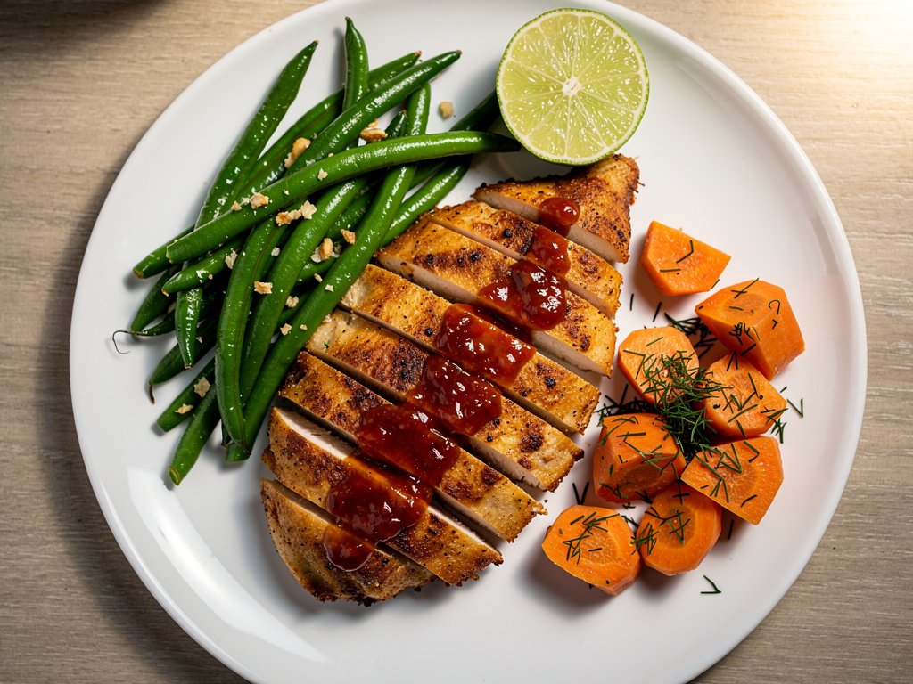 Pan-Seared Chicken with Red Pepper Jam Sauce, Garlic Green Beans, and Dilly Carrots