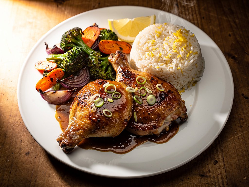 Pan-Seared Chicken Thighs with Fig-Date Sauce, Lemon Rice, and Roasted Vegetables