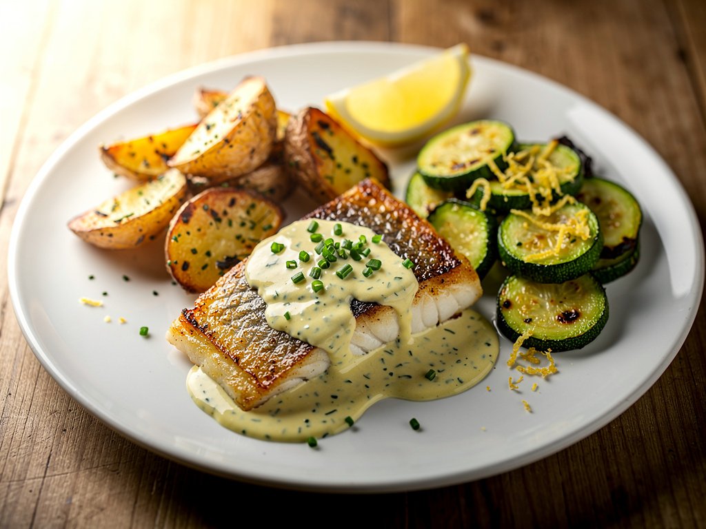 Pan-Seared Chilean Sea Bass with Creamy Dijon Chive Sauce and Roasted Lemon Zucchini