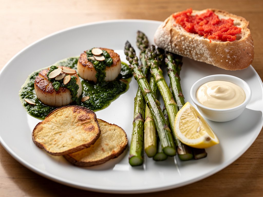 Pan-Seared Chimichurri Scallops with Roasted Asparagus and Tomato Toast