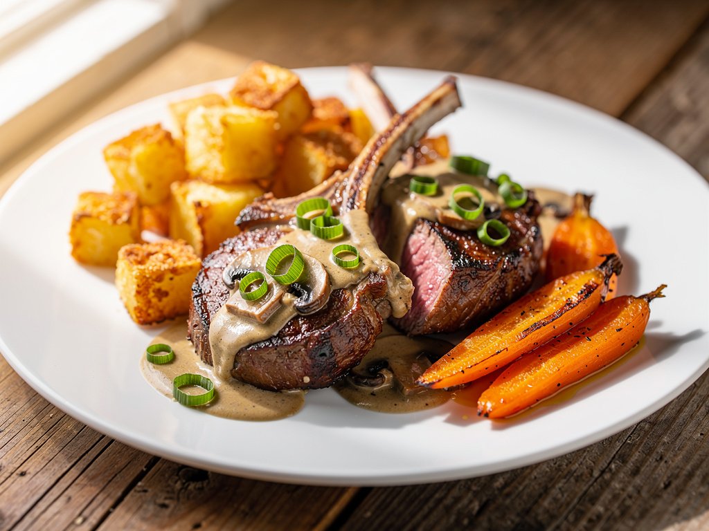 Pan-Seared Lamb Chops with Creamy Mushroom Sauce and Roasted Vegetables