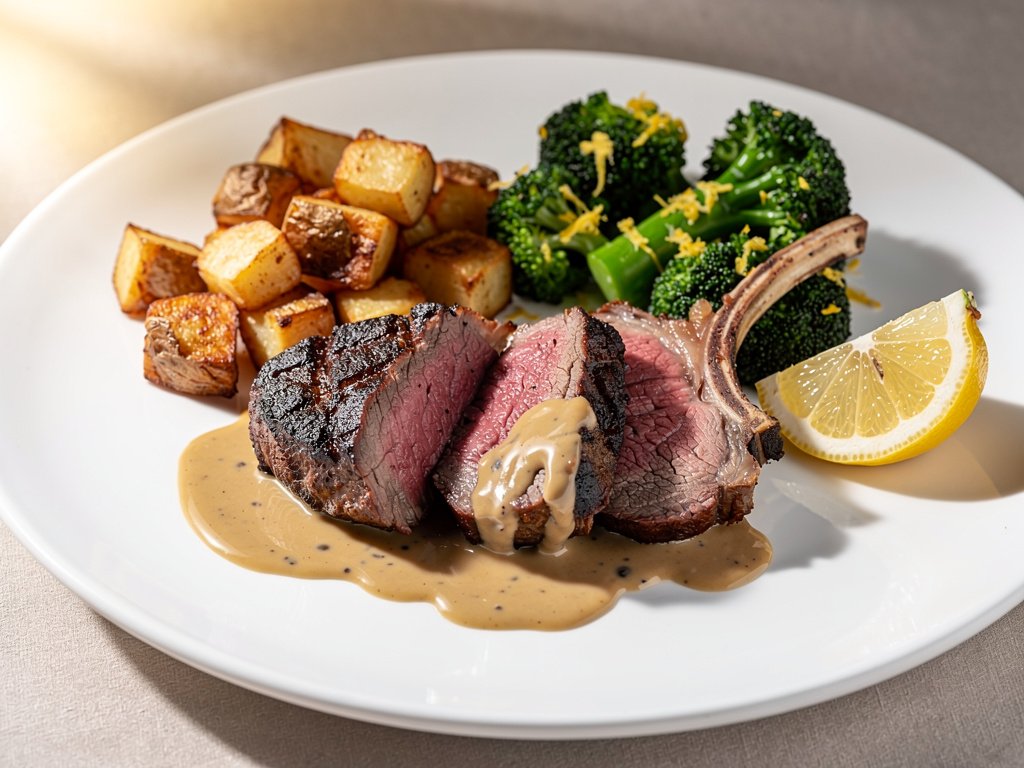 Pan-Seared Lamb Chops with Creamy Sauce, Roasted Potatoes & Lemony Broccoli