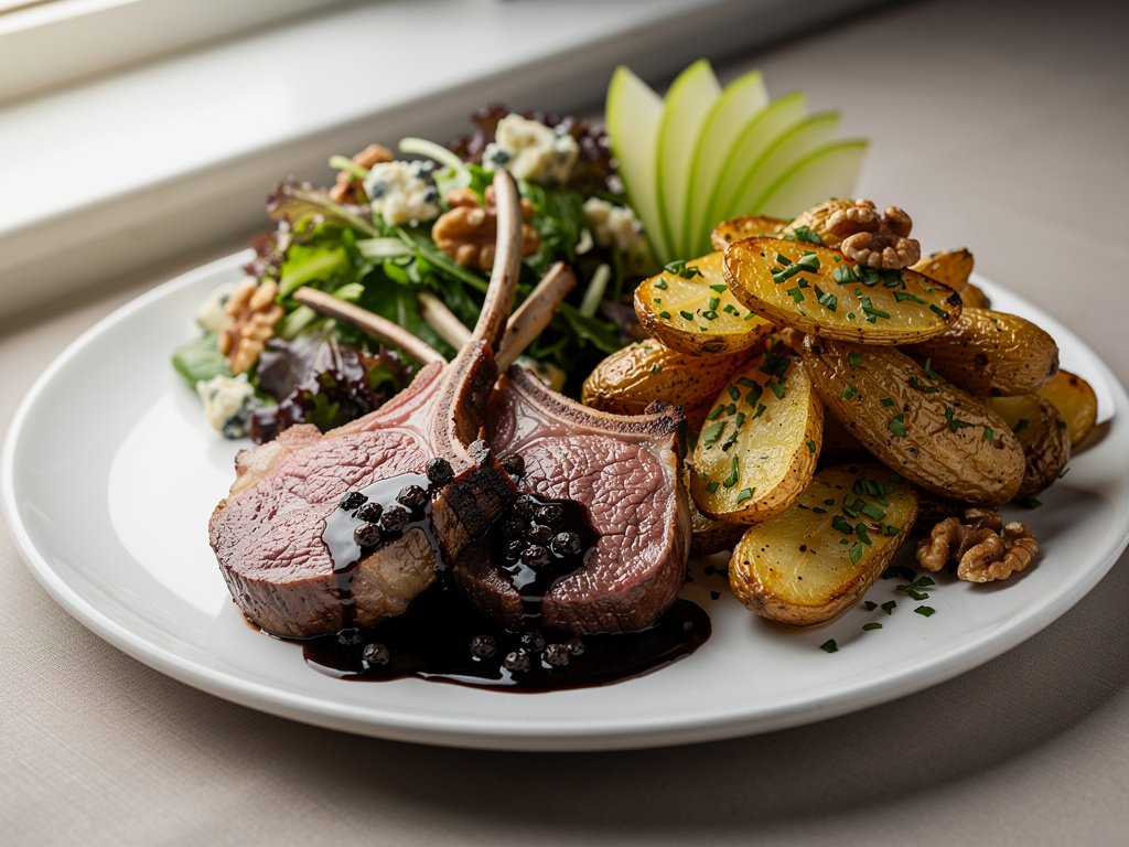 Pan-Seared Lamb Chops with Peppercorn Sauce, Garlic Herb Potatoes, and Apple Walnut Blue Cheese Salad