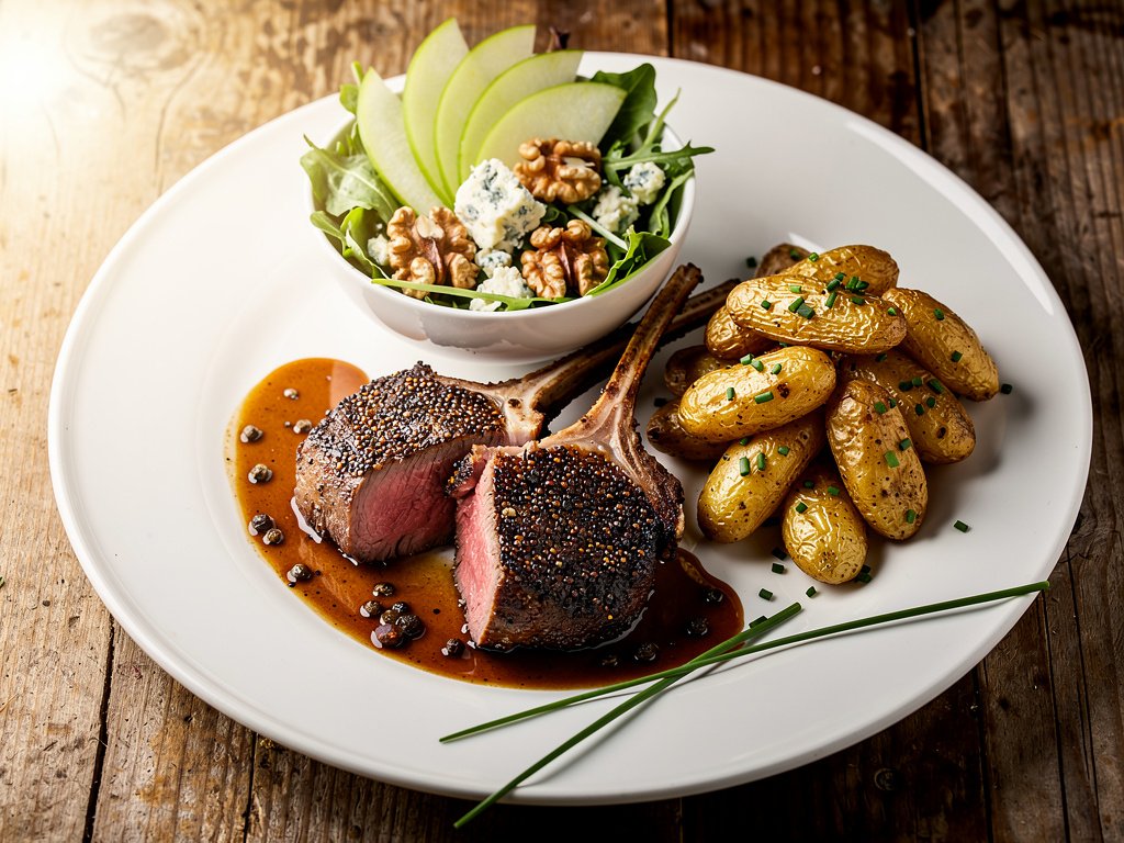 Pan-Seared Lamb Chops with Peppercorn Sauce and Garlic Herb Potatoes
