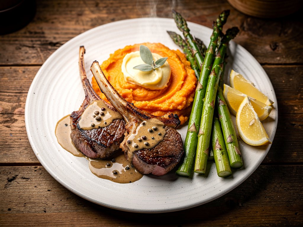 Pan-Seared Lamb Chops with Creamy Peppercorn Sauce, Maple-Sage Sweet Potatoes, and Lemony Asparagus
