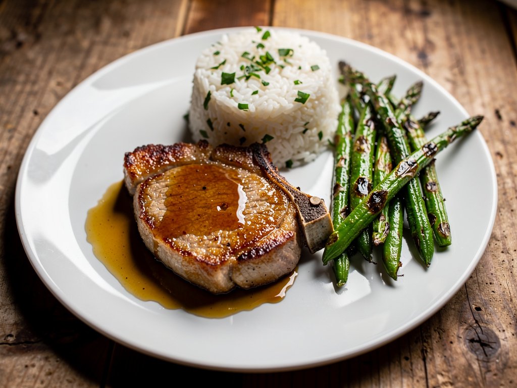 Pan-Seared Pork Chops with Miso Peach Sauce and Ginger Rice