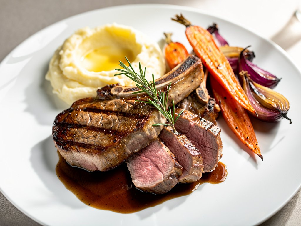 Pan-Seared Pork Chops with Rosemary Demi-Glace, Mashed Potatoes, and Roasted Carrots