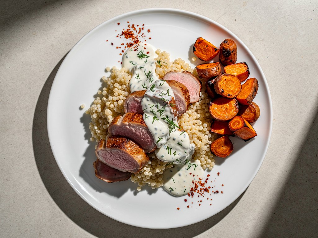 Pan-Seared Pork Filet with Creamy Dill Sauce, Roasted Carrots, and Israeli Couscous