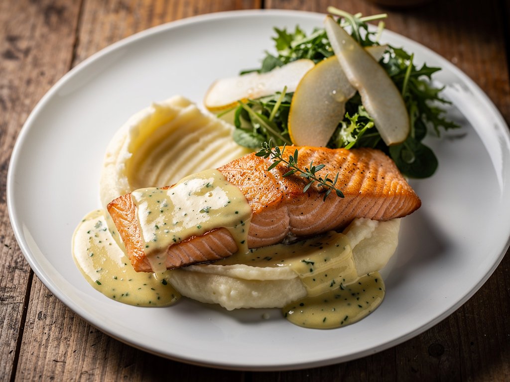 Pan-Seared Salmon with Creamed Pear Sauce, Garlic Mashed Potatoes & Mixed Greens Salad
