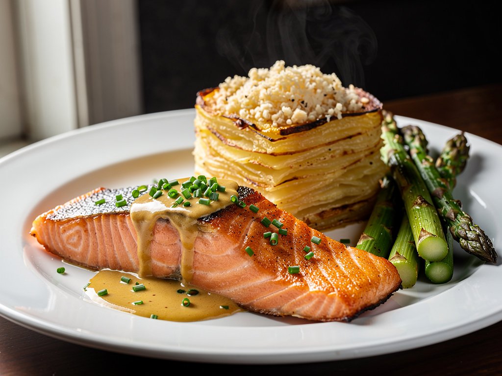 Pan-Seared Salmon with Creamy Shallot Sauce, Truffle Potato Gratin, and Roasted Asparagus