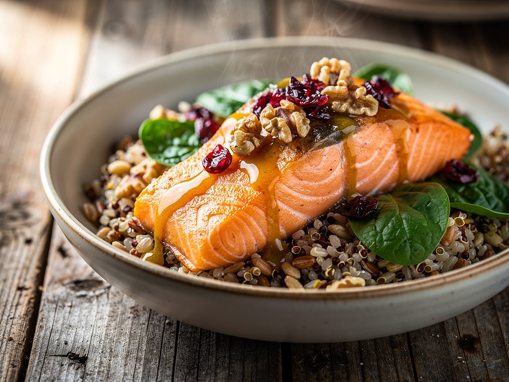 Pan-Seared Salmon with Warm Spinach Grain Bowl and Honey Dijon Dressing