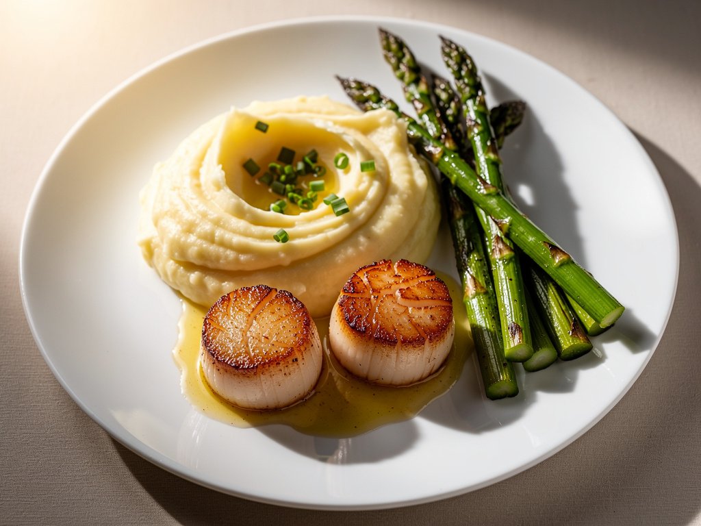 Pan-Seared Scallops with Lemon Butter Sauce and Crème Fraîche Mashed Potatoes