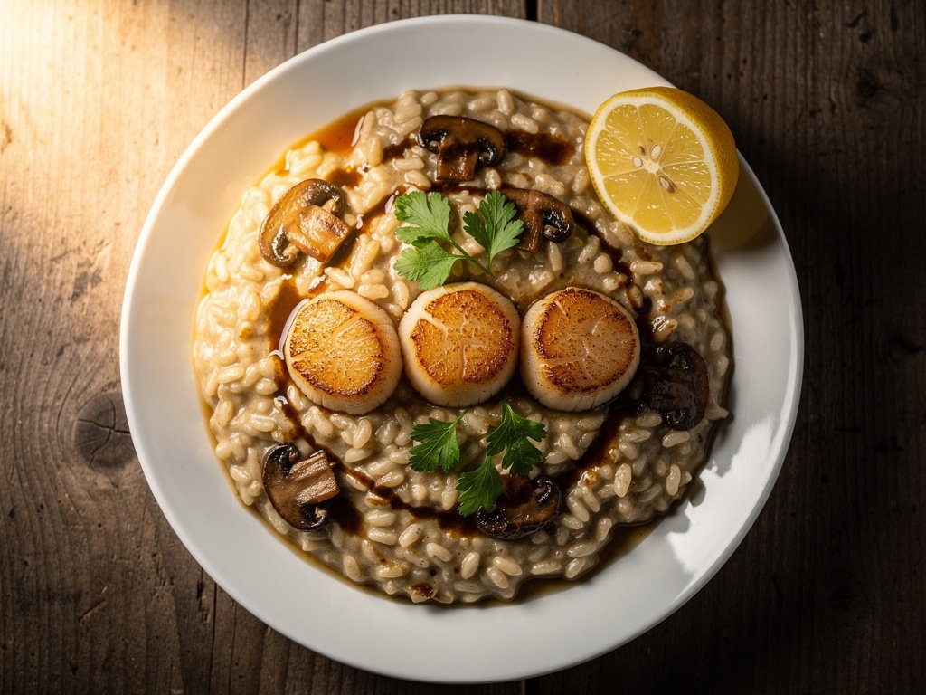 Pan-Seared Scallops with Truffle Mushroom Risotto and Brown Butter Sauce