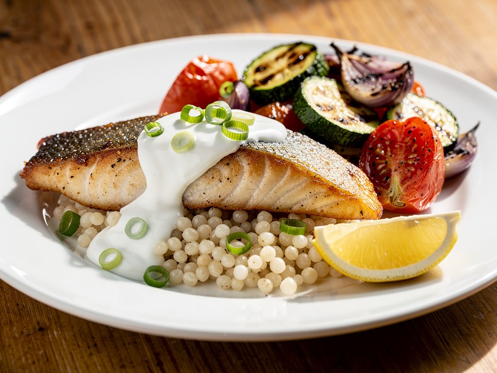 Pan-Seared Sea Bass with Lemon Yogurt Sauce, Garlic Couscous & Cumin Veggies