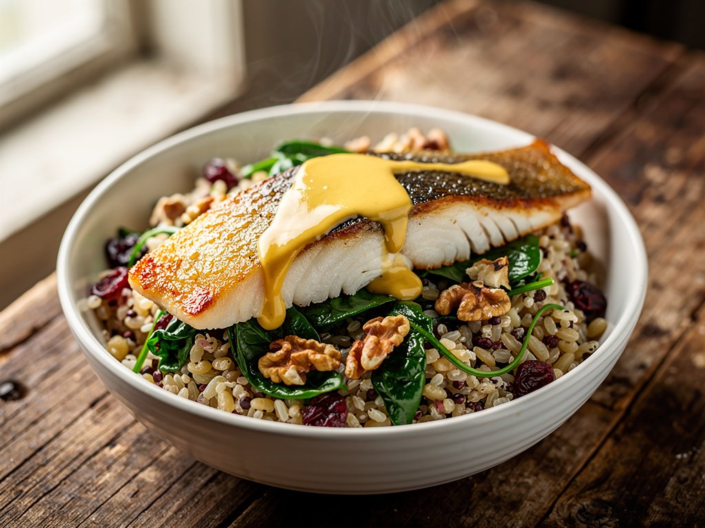 Pan-Seared Sea Bass with Warm Spinach Grain Bowl and Honey-Dijon Dressing