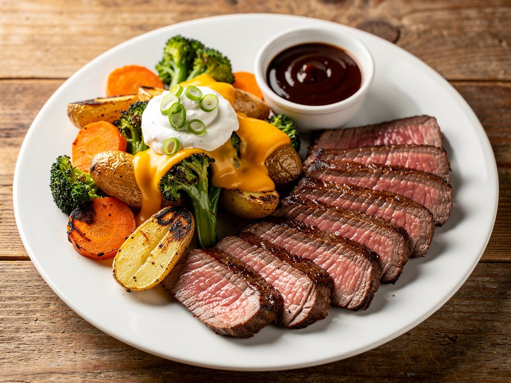 Pan-Seared Sirloin with Cheddar Roasted Vegetables and Homemade BBQ Sauce