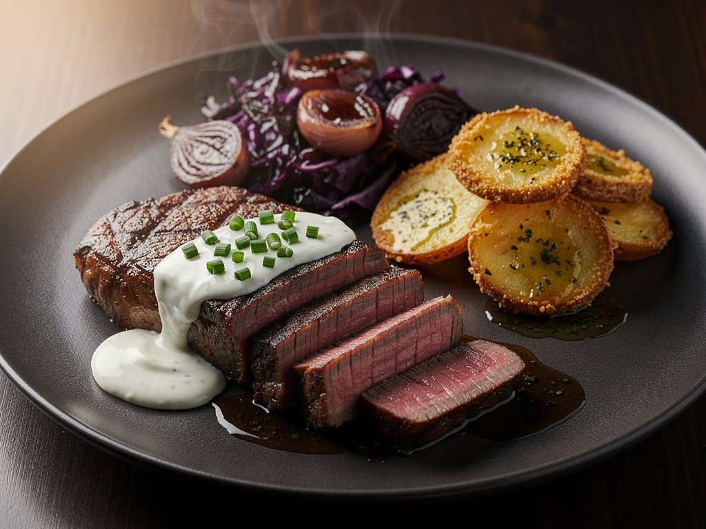 Pan-Seared Steak with Parmesan Potatoes and Balsamic Cabbage