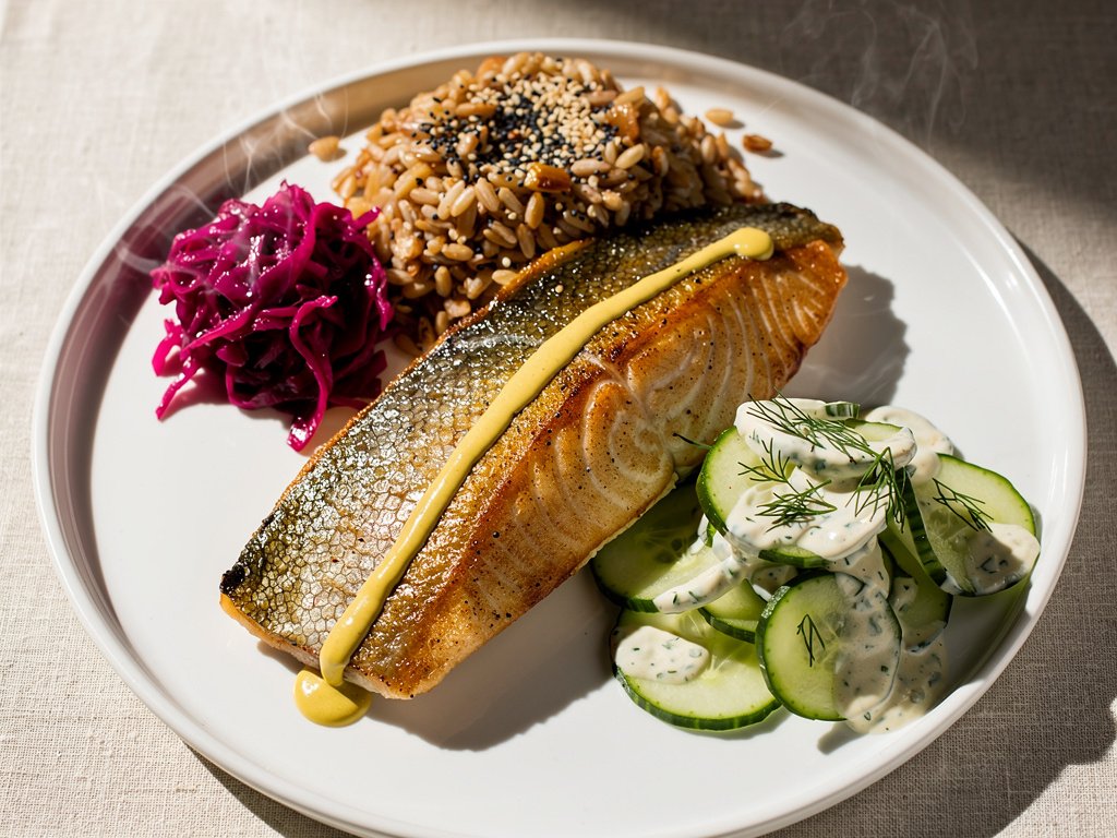 Pan-Seared Steelhead Trout with Everything Bagel Grains and Horseradish Cucumber Salad