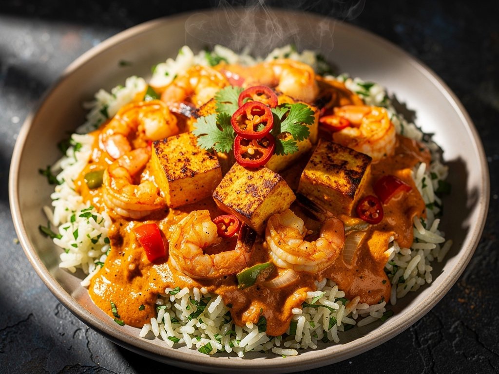 Paneer and Shrimp Tikka Masala with Cilantro Rice