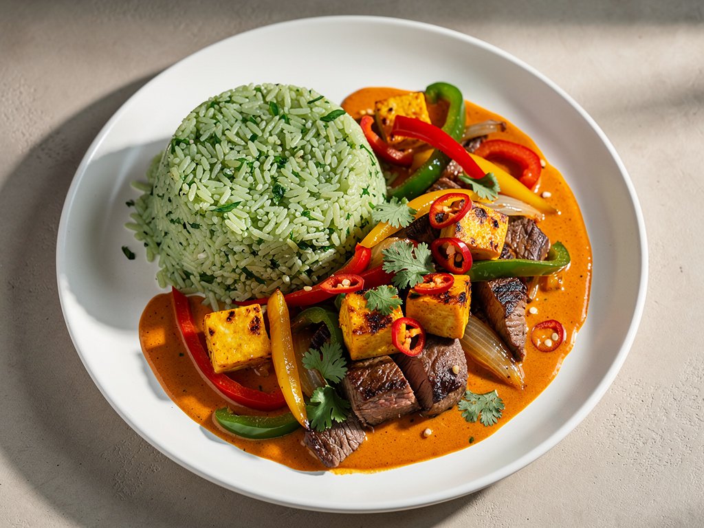 Paneer Tikka Masala with Cilantro Rice and Sautéed Peppers