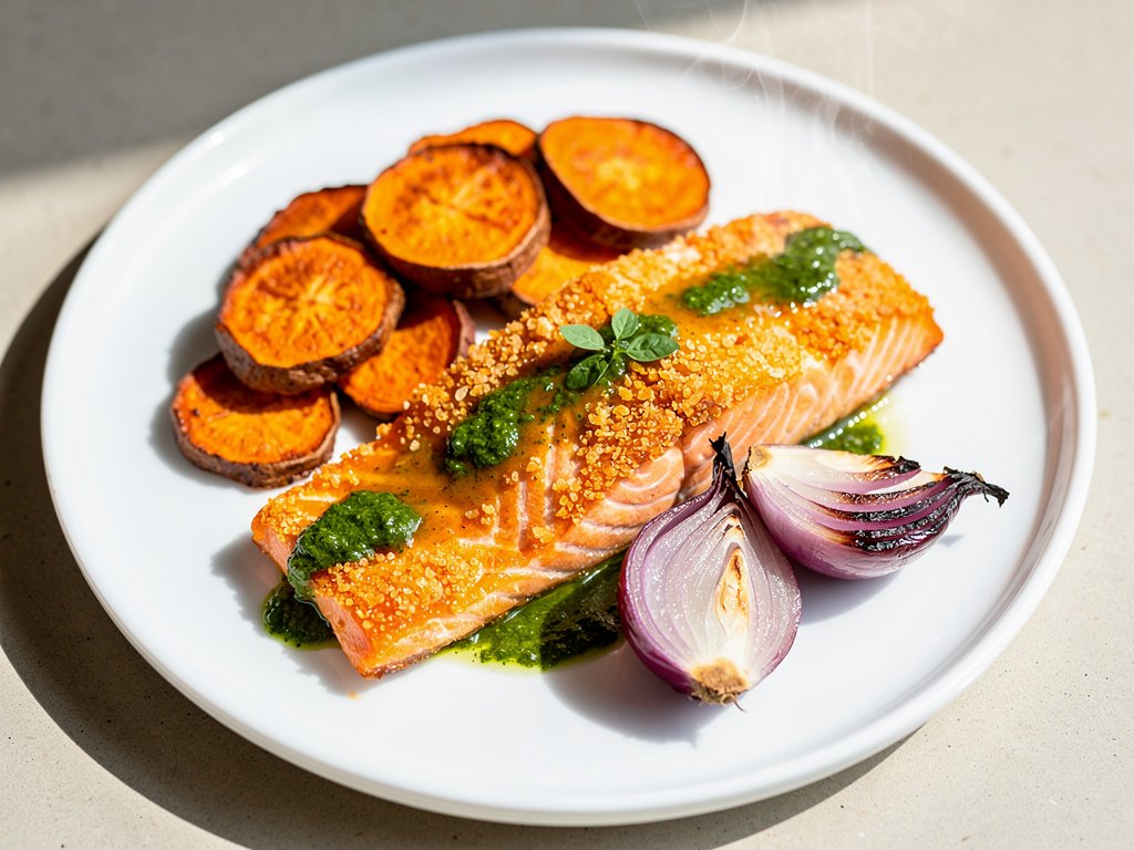 Panko-Crusted Chimichurri Salmon with Roasted Sweet Potatoes and Red Onion