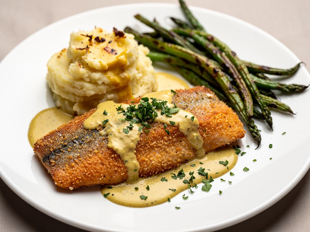 Panko-Crusted Rainbow Trout with Roasted Garlic Mashed Potatoes and Creamy Mustard Sauce