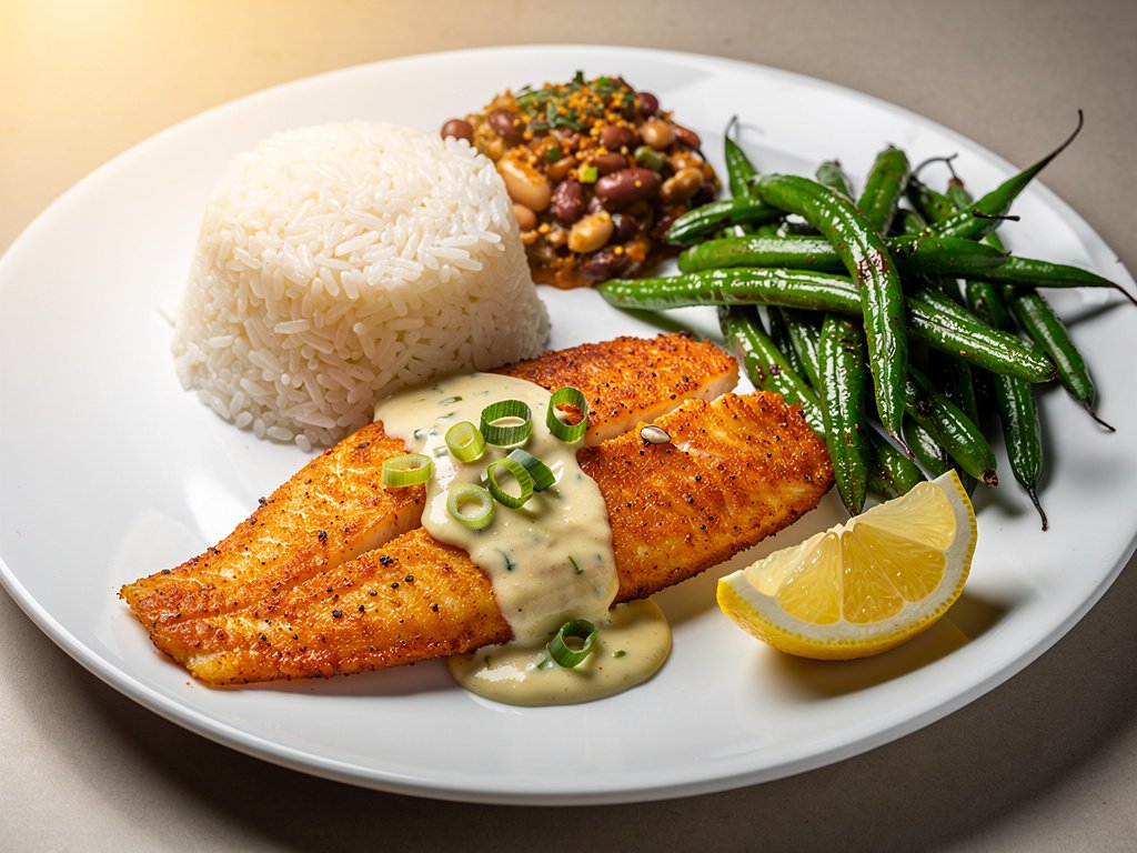 Paprika Tilapia with Rice and Beans and Lemon Crema