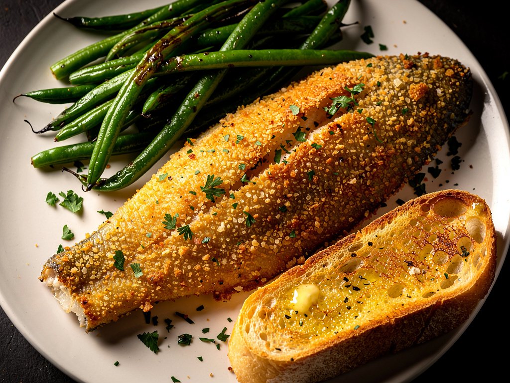 Parmesan-Crusted Barramundi with Roasted Green Beans and Garlic Bread