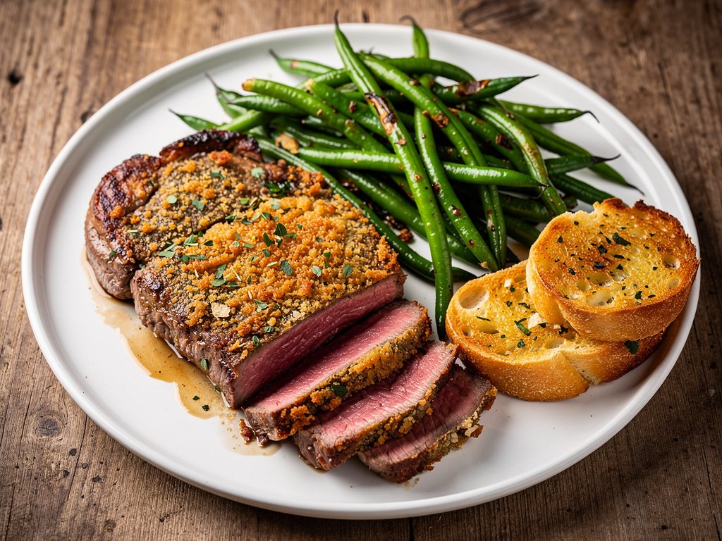 Parmesan-Crusted Sirloin Steak with Roasted Green Beans and Garlic Bread