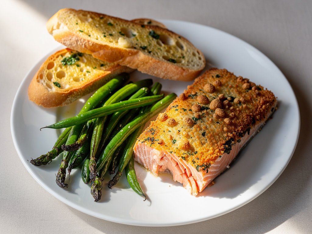 Parmesan Herb Crusted Salmon with Garlic Bread and Green Beans