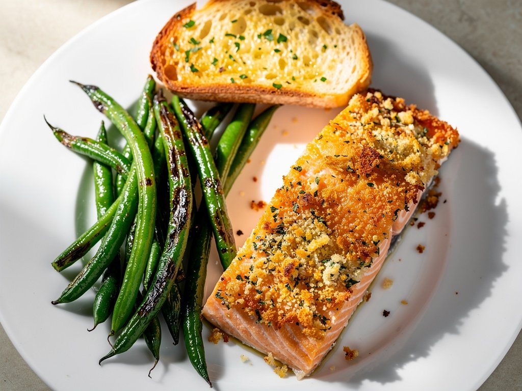 Parmesan-Herb Crusted Salmon with Roasted Green Beans and Garlic Bread